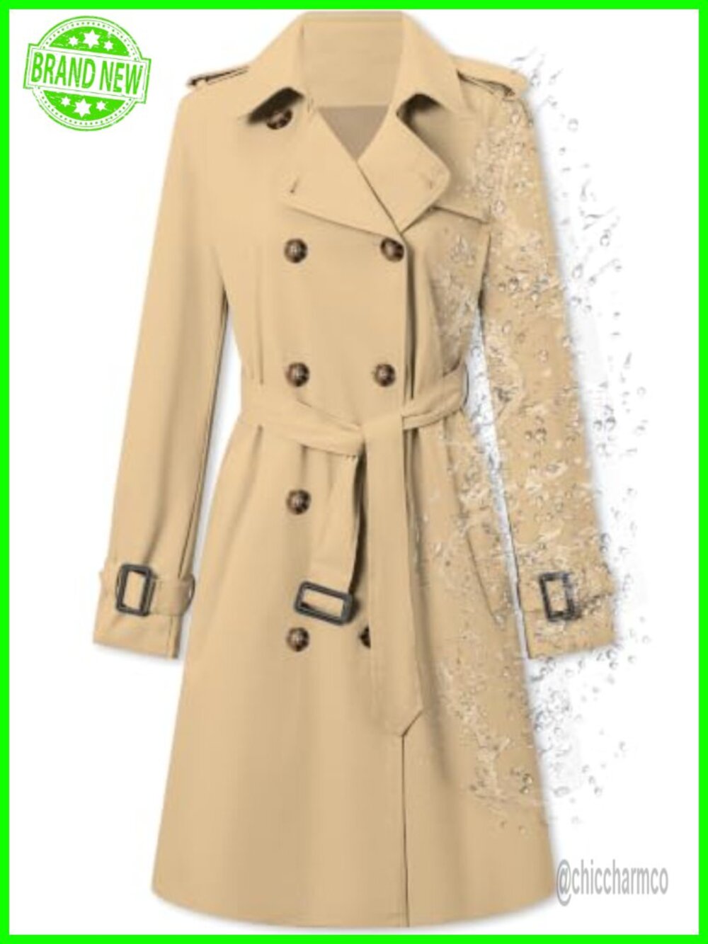 Women's Water-Repellent Double-Breasted Belted Trench Coat